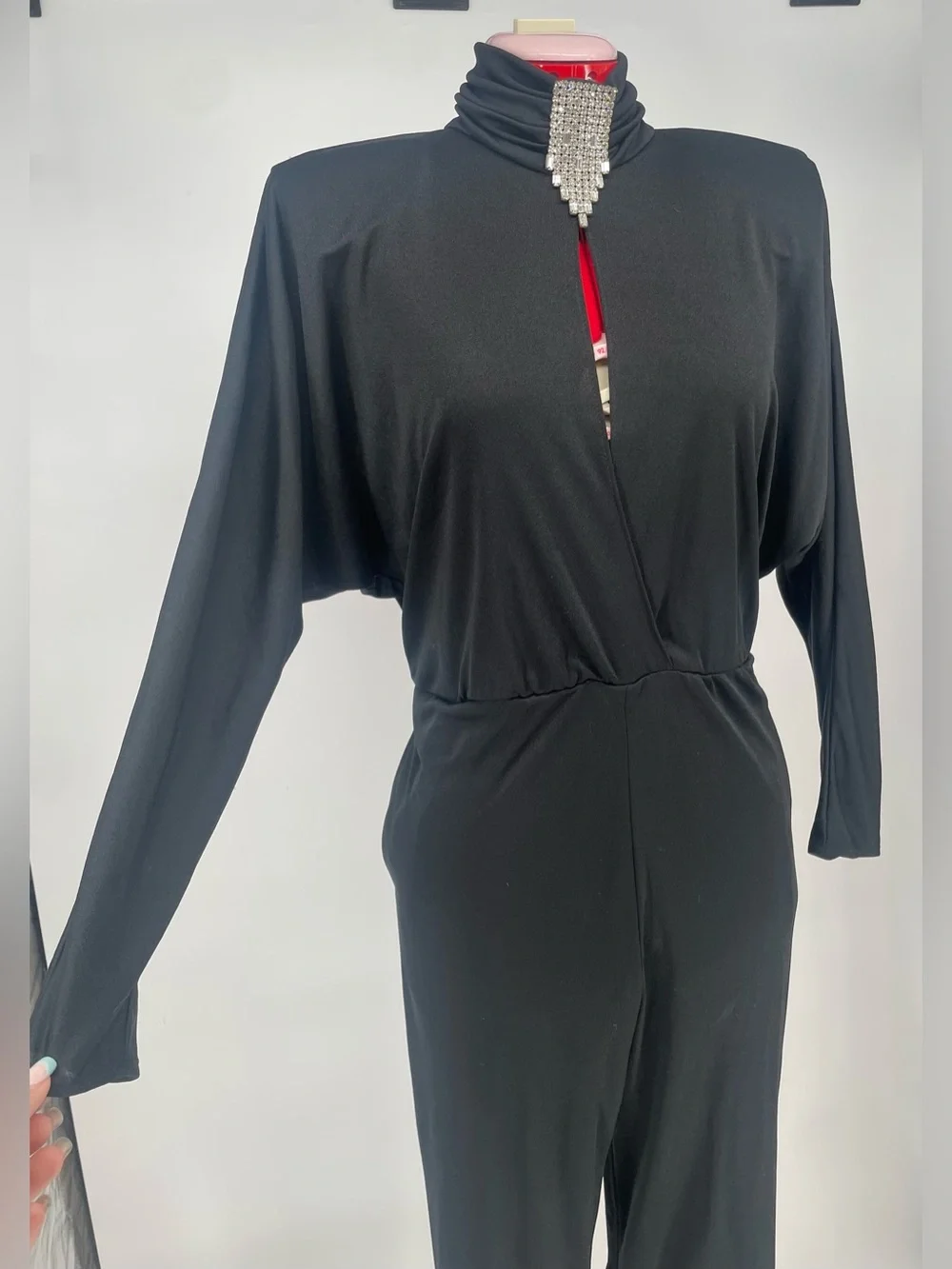 80s Dramatic Shoulder Pad Open Back Long Sleeve Jumpsuit Rhinestone Detail